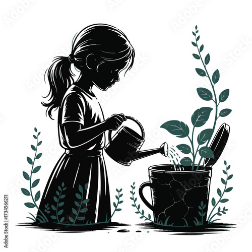 Vector art of silhouette of a young girl watering a plant growing out of a cracked watering can, concept of growth and nurturing