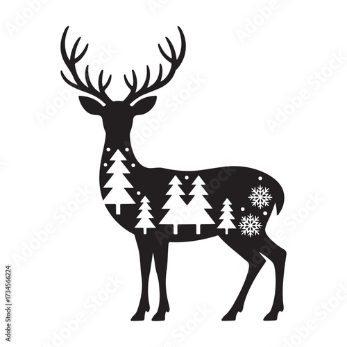 Majestic reindeer silhouette filled with festive winter christmas trees and snowflakes isolated on white background silhouette vector