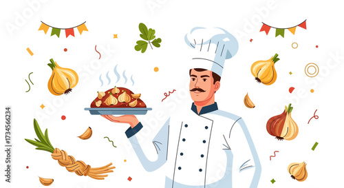 Elegant chef presenting a delectable dish garnished with garlic in a festive setting