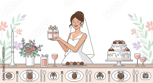 Elegant bride holding gift at her wedding reception filled with sweet treats and decorations