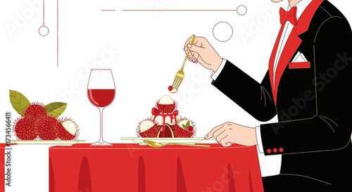 Elegant dining experience with lychee dessert and wine creates a refined atmosphere illustration