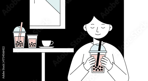 Elegant illustration of a person enjoying bubble tea in a minimalist cafe setting