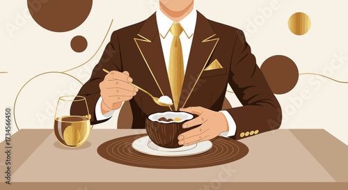 Elegant gentleman enjoying a dessert in a coconut bowl with drink illustration art
