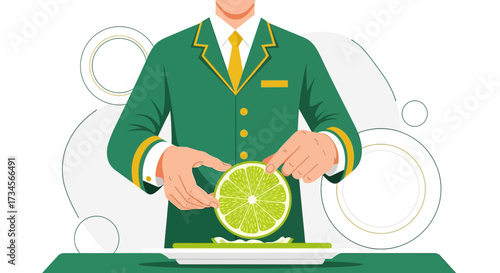 Elegant waiter preparing lime garnish on a plate in a sophisticated food presentation concept