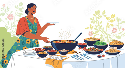 Elegant woman serving a buffet of diverse dishes with floral backdrop illustration