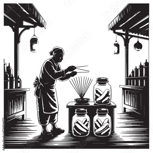 Vector art of street vendor preparing food with chopsticks from jars at a market stall, black and white illustration