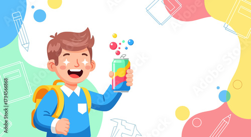 Excited schoolboy with beverage can and backpack against colorful background illustration