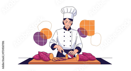 Female chef slicing sweet potatoes in kitchen with abstract design elements around illustration