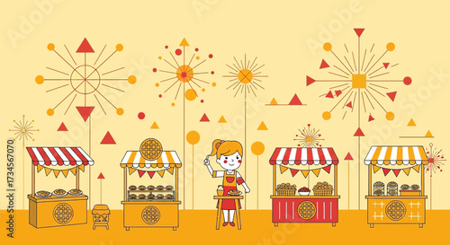 Festival food market with girl selling pies and pastries in a colorful illustration