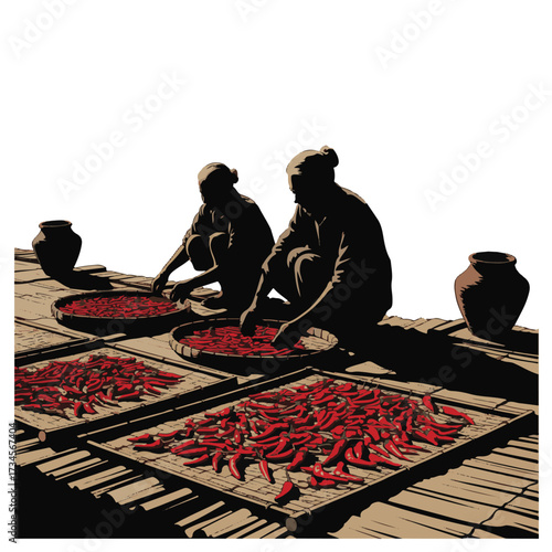 Vector art of two people drying red chili peppers on bamboo mats in the sun, traditional agriculture, rural life