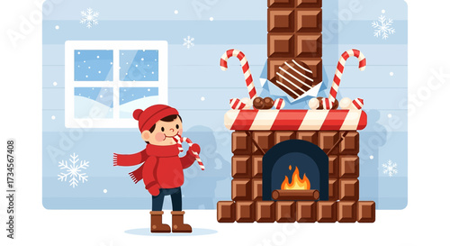 Festive holiday illustration featuring a child eating a candy cane by a chocolate fireplace scene