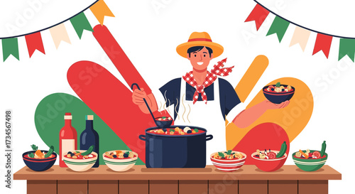 Festive italian food celebration with cheerful chef and traditional decorations offering