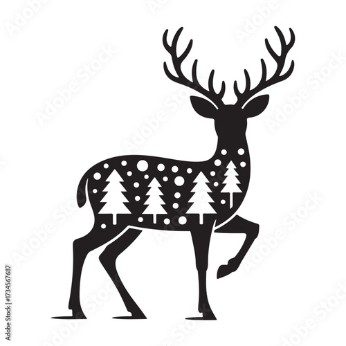 Elegant silhouette deer with winter forest scene inside its body festive holiday art isolated on white background silhouette vector