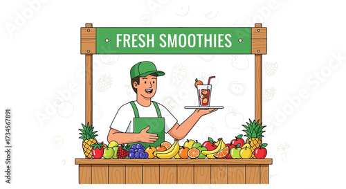 Fresh smoothie stand vector illustration featuring a vendor with fruit selection