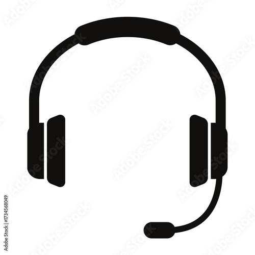 Black and white silhouette of headphones with microphone icon for customer support assistance