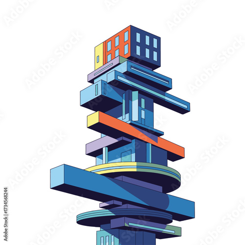 An abstract illustration of a colorful, multi-layered architectural structure with various geometric shapes.