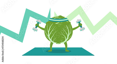 Funny brussel sprout cartoon character doing fitness exercise with dumbbells training