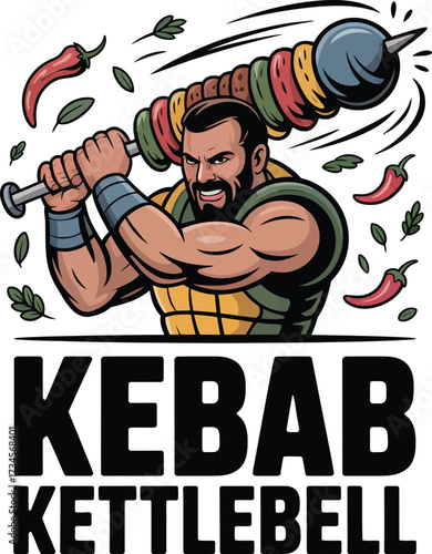 Cartoon Illustration of Muscular Man Lifting Kebab Kettlebell with Peppers and Leaves