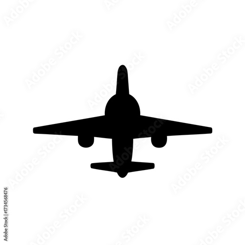 Simple black airplane icon with engine pods and clear white background