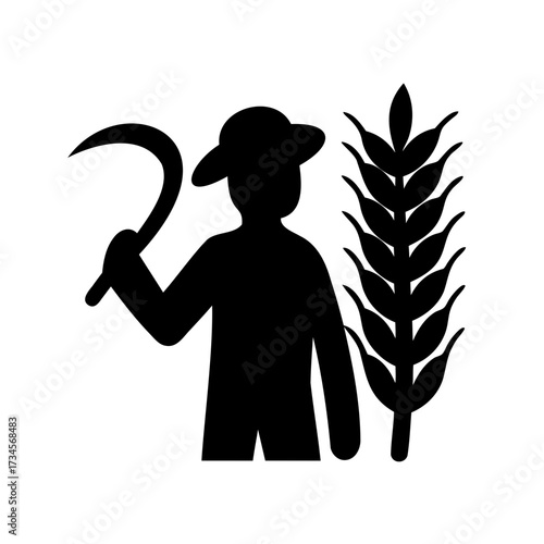 Silhouette of a farmer with wheat and sickle symbolizing agriculture harvest
