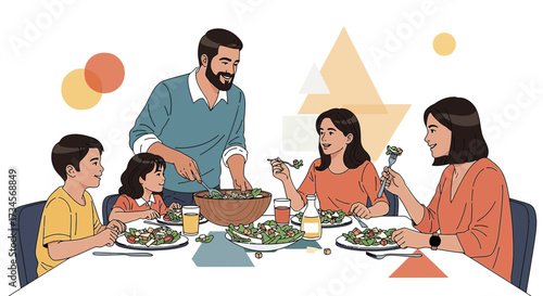 Happy Family Enjoying a Healthy Meal Together at Home Cartoon Illustration Drawing