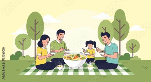 Happy family enjoying picnic in the park with large bowl of soup illustration