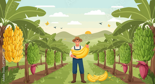 Happy farmer holding bananas in a banana field under a bright sun with mountains in the background