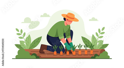 Harvesting season illustration a farmer pulling carrots out of the ground in a carrot field on a