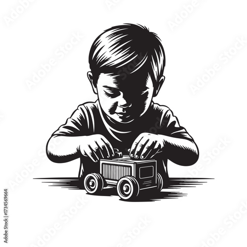 Vector art of young boy intently playing with a toy car