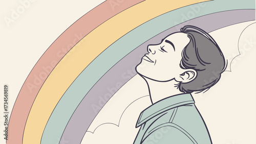 Young person with eyes closed and a smile, looking up at a pastel rainbow against a light background, symbolizing hope and dreams