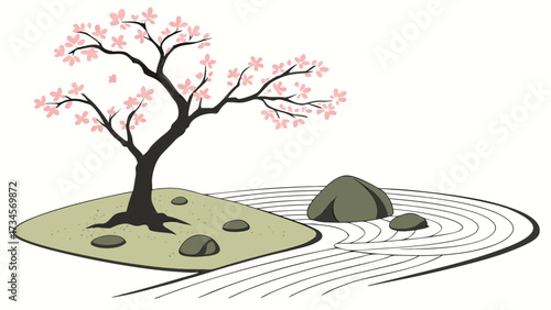 Zen garden with cherry blossom tree and raked sand