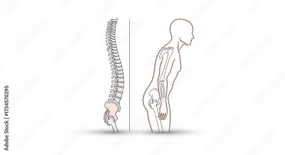 Fototapeta premium Skeletal illustration: Depicting both a healthy spinal column and a human profile with the musculoskeletal system and bone structure.