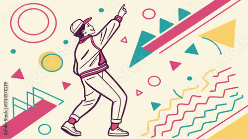 Retro style illustration of a person in a cap pointing upwards with abstract shapes