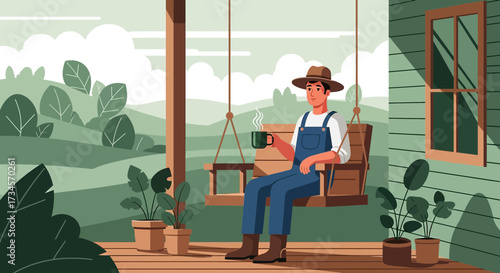 Illustration of a farmer on a swing enjoying a peaceful morning at the farmhouse porch