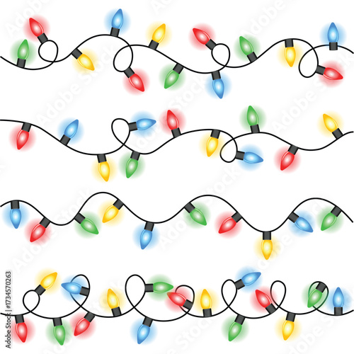 A collection of colorful, festive Christmas lights strung together on white background.
