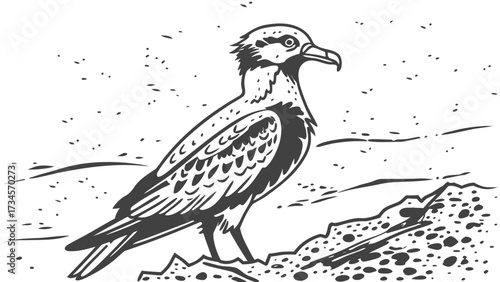Black and white illustration of a seagull standing on a rocky shore