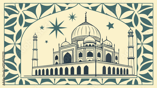 Stylized illustration of the taj mahal framed by decorative elements