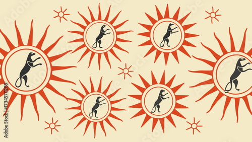 Stylized ancient sun and dog motif, repeating pattern with a vintage feel