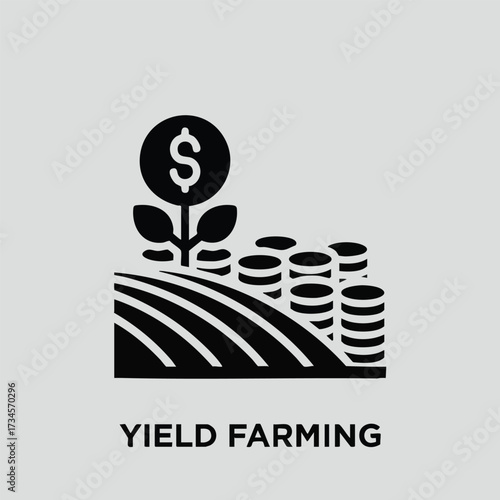 Simplified black and white representing agricultural crop yield farming with a dollar sign plant and stacked coins
