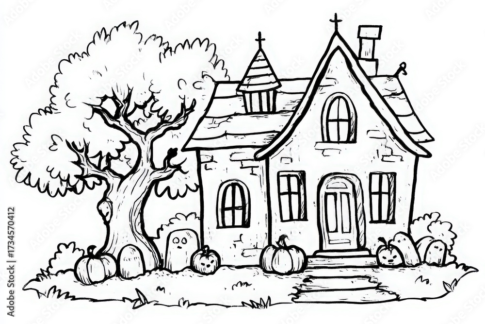 Naklejka premium A quaint haunted house stands amidst a scary scene with pumpkins scattered around. A large tree looms beside the house, adding to its eerie charm as a few ghostly figures peek from the ground.