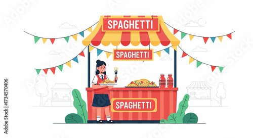 Illustration of a girl in school uniform selling spaghetti at a street food stall