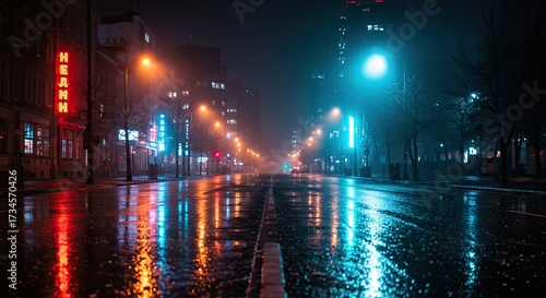 Aesthetic background cinematic lighting a city street in a gentle rain at night. 