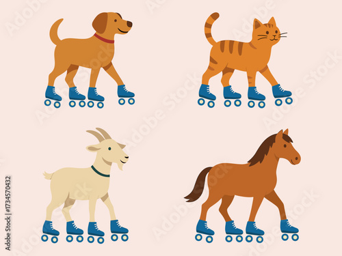 A playful illustration shows a dog, cat, goat, and horse wearing roller skates, combining animals with fun sports elements.