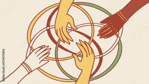 Hands of different people connecting and forming a circle, symbolizing unity and teamwork