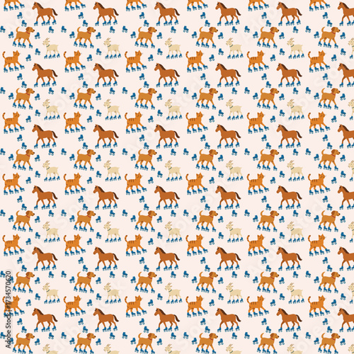 A seamless playful pattern features dogs, cats, goats, and horses wearing roller skates, creating a fun and whimsical design