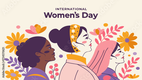 International womens day with diverse women and flowers