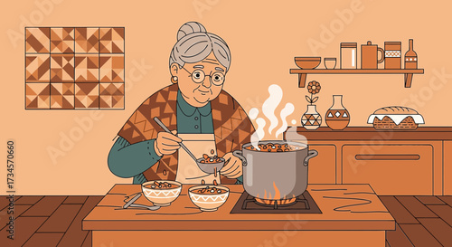 Illustration of a heartwarming scene of a grandmother cooking a delicious meal in her cozy kitchen