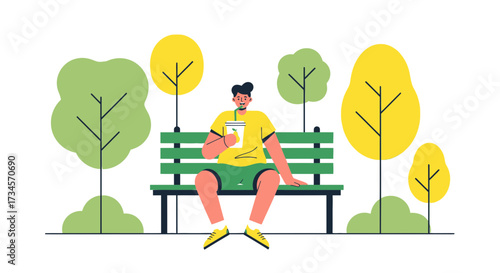 Illustration of a man enjoying a drink on a park bench amidst stylized trees
