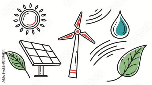 Renewable energy icons including sun, solar panel, wind turbine, water drop, and leaves