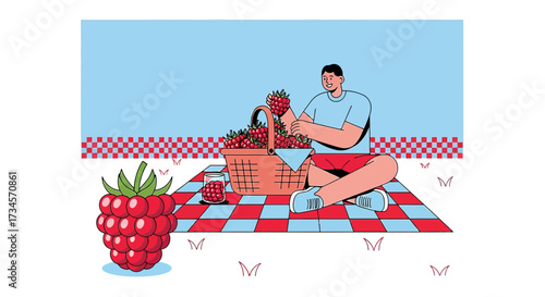 Illustration of a man enjoying a raspberry picnic on a checkered blanket with blue backdrop
